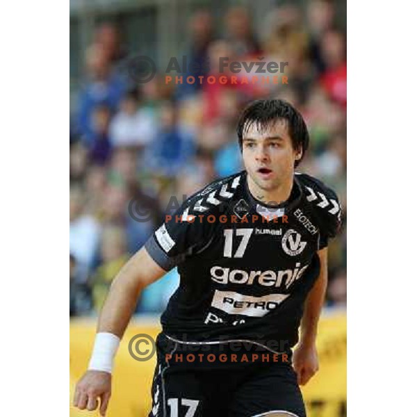 Klemen Cehte of RK Gorenje Velenje in action during handball match Cimos Koper-Gorenje Velenje in round 8 of 1.NLB leasing league 2012/13, played in Bonifika Hall, Koper, Slovenia on October 27, 2012 