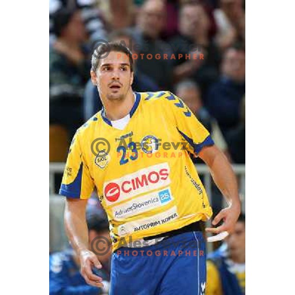 Nikola Manojlovic of Cimos Koper in action during handball match Cimos Koper-Gorenje Velenje in round 8 of 1.NLB leasing league 2012/13, played in Bonifika Hall, Koper, Slovenia on October 27, 2012 