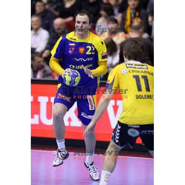 Uros Zorman of Vive Targi Kielce in action during handball match RK Gorenje Velenje-KS Vive Targi Kielce in EHF Velux Champions league, played in Red Hall, Velenje, Slovenia on February 23, 2013 