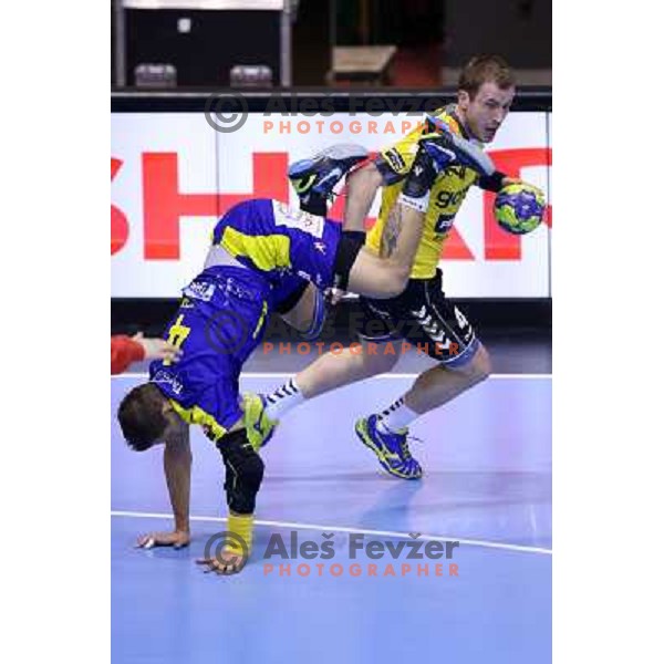 Fahrudin Melic of RK Gorenje Velenje in action during handball match RK Gorenje Velenje-KS Vive Targi Kielce in EHF Velux Champions league, played in Red Hall, Velenje, Slovenia on February 23, 2013 