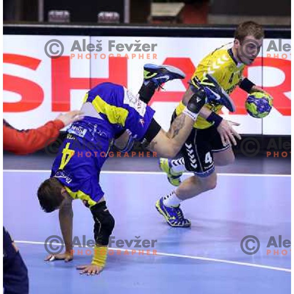 Fahrudin Melic of RK Gorenje Velenje in action during handball match RK Gorenje Velenje-KS Vive Targi Kielce in EHF Velux Champions league, played in Red Hall, Velenje, Slovenia on February 23, 2013 
