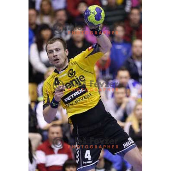 Fahrudin Melic of RK Gorenje Velenje in action during handball match RK Gorenje Velenje-KS Vive Targi Kielce in EHF Velux Champions league, played in Red Hall, Velenje, Slovenia on February 23, 2013 