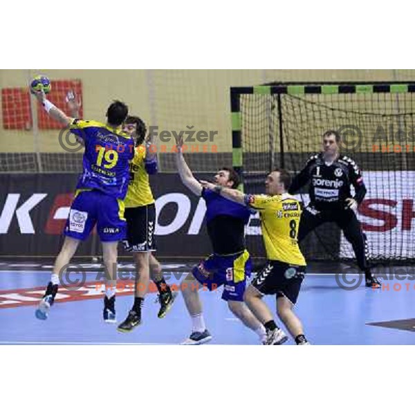 Peter Pucelj of RK Gorenje Velenje in action during handball match RK Gorenje Velenje-KS Vive Targi Kielce in EHF Velux Champions league, played in Red Hall, Velenje, Slovenia on February 23, 2013 