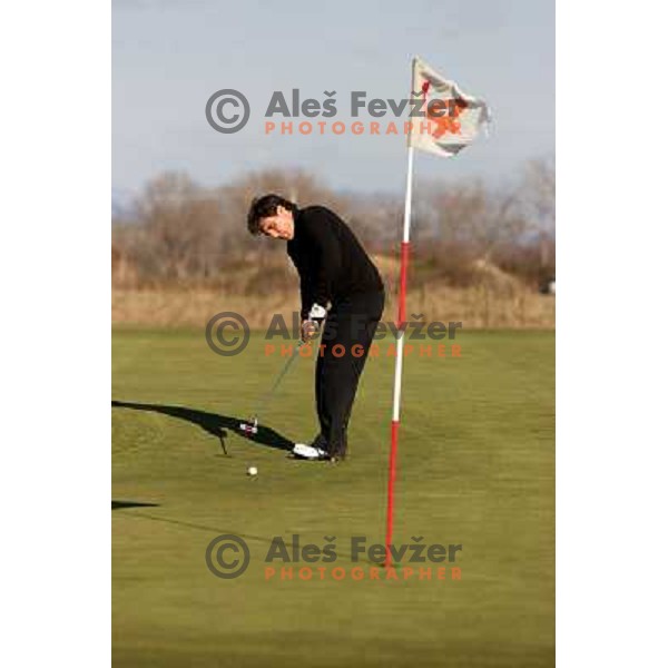 Putting at 14th hole at Grado golf course, Italy