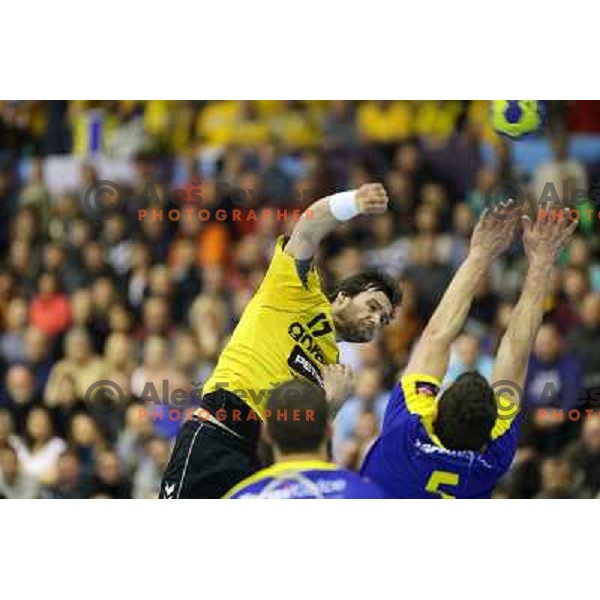 Klemen Cehte of RK Gorenje Velenje in action during handball match RK Gorenje Velenje-SK Vive Targi Kielce in EHF Velux Champions league, played in Red Hall, Velenje, Slovenia on February 23, 2013 