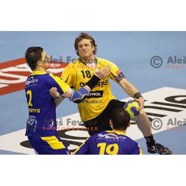 David Miklavcic of RK Gorenje Velenje in action during handball match RK Gorenje Velenje-SK Vive Targi Kielce in EHF Velux Champions league, played in Red Hall, Velenje, Slovenia on February 23, 2013 