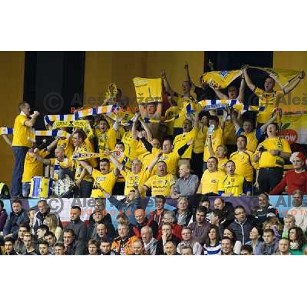Fans of KS Vive Targi Kielce in action during handball match RK Gorenje Velenje-SK Vive Targi Kielce in EHF Velux Champions league, played in Red Hall, Velenje, Slovenia on February 23, 2013 