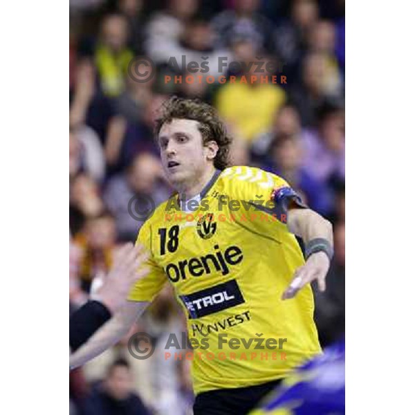 David Miklavcic of RK Gorenje Velenje in action during handball match RK Gorenje Velenje-SK Vive Targi Kielce in EHF Velux Champions league, played in Red Hall, Velenje, Slovenia on February 23, 2013 