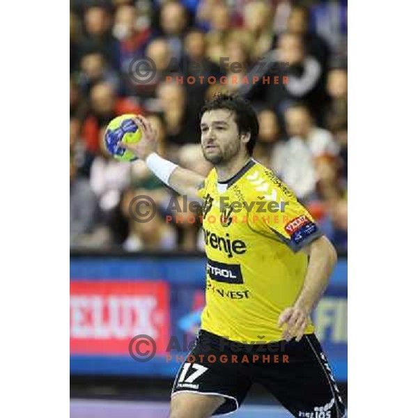 Klemen Cehte of RK Gorenje Velenje in action during handball match RK Gorenje Velenje-SK Vive Targi Kielce in EHF Velux Champions league, played in Red Hall, Velenje, Slovenia on February 23, 2013 