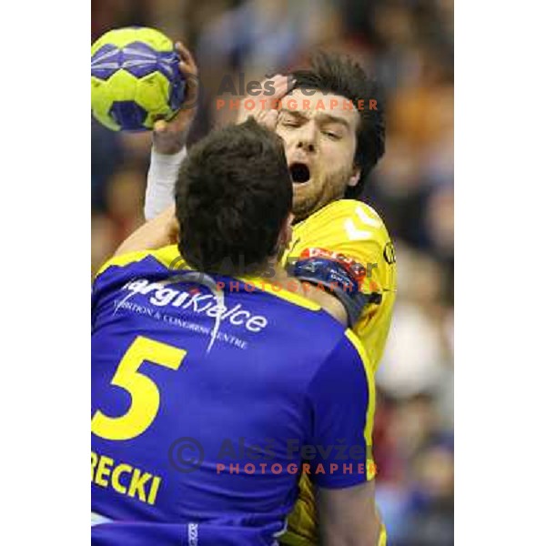 Klemen Cehte of RK Gorenje Velenje in action during handball match RK Gorenje Velenje-SK Vive Targi Kielce in EHF Velux Champions league, played in Red Hall, Velenje, Slovenia on February 23, 2013 