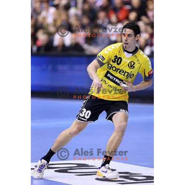 Luka Dobelsek of RK Gorenje Velenje in action during handball match RK Gorenje Velenje-SK Vive Targi Kielce in EHF Velux Champions league, played in Red Hall, Velenje, Slovenia on February 23, 2013 