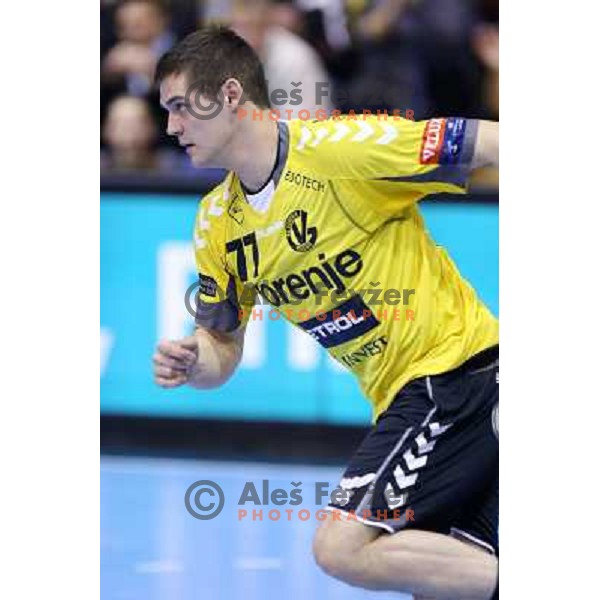 Marko Dujmovic of RK Gorenje Velenje in action during handball match RK Gorenje Velenje-SK Vive Targi Kielce in EHF Velux Champions league, played in Red Hall, Velenje, Slovenia on February 23, 2013 