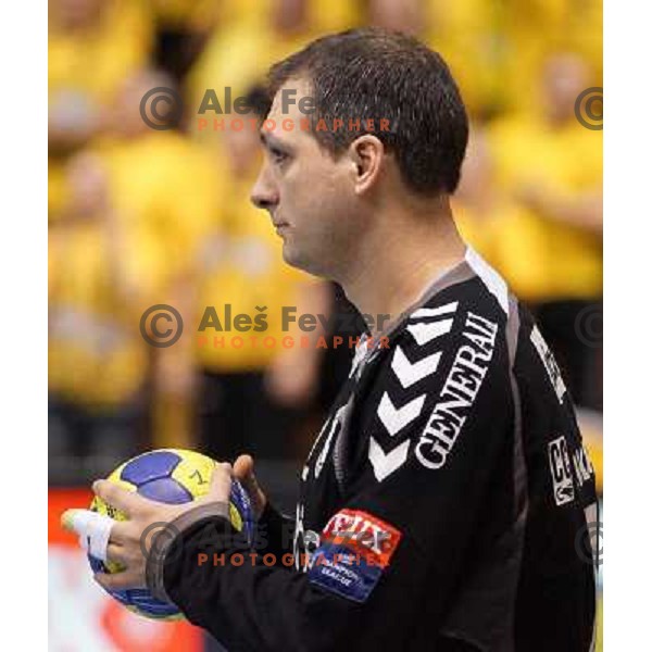 Ivan Gajic of RK Gorenje Velenje in action during handball match RK Gorenje Velenje-SK Vive Targi Kielce in EHF Velux Champions league, played in Red Hall, Velenje, Slovenia on February 23, 2013 