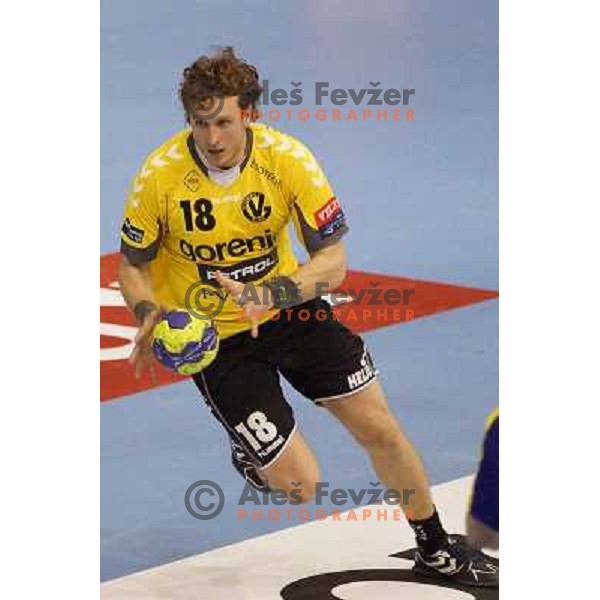 David Miklavcic of RK Gorenje Velenje in action during handball match RK Gorenje Velenje-SK Vive Targi Kielce in EHF Velux Champions league, played in Red Hall, Velenje, Slovenia on February 23, 2013 