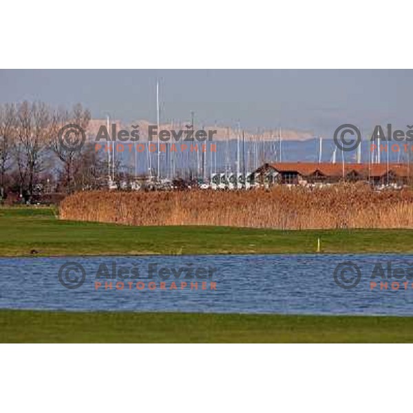 Marina Grado with Alps in the background as seen from fairway playing 17th hole at Grado golf course, Italy