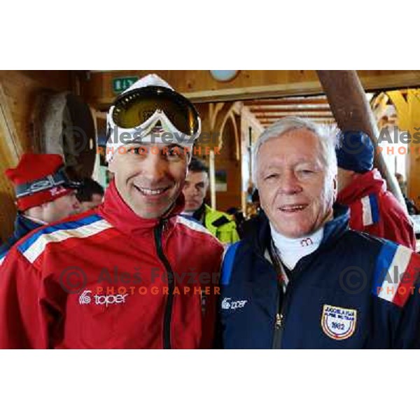 Sandi Murovec and Tone Vogrinec at Retro Ski Fest - vintage skiing day at Krvavec Ski resort, Cerklje, Slovenia on March 2, 2013 