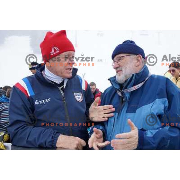 Tone Vogrinec and Janez Hocevar Rifle at Retro Ski Fest - vintage skiing day at Krvavec Ski resort, Cerklje, Slovenia on March 2, 2013 