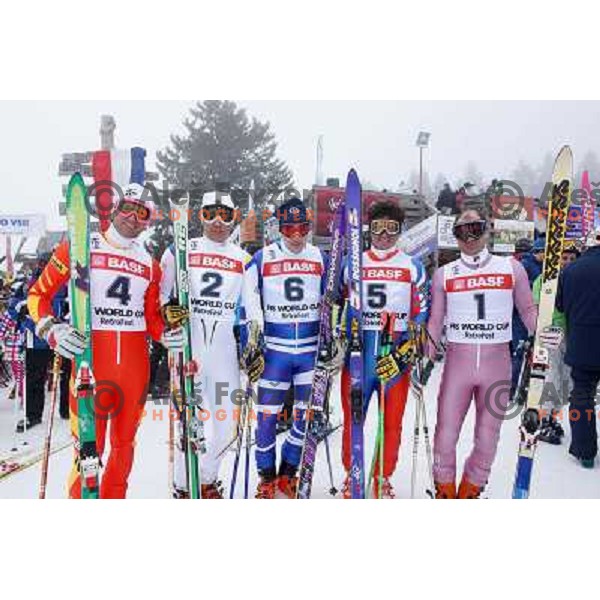 Duplicates of Pirmin Zurbriggen, Ingemar Stenmark, Marc Girardelli, Alberto Tomba and Phil Mahre at Retro Ski Fest - vintage skiing day at Krvavec Ski resort, Cerklje, Slovenia on March 2, 2013 