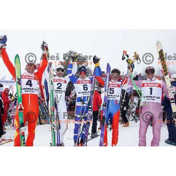 Duplicates of Pirmin Zurbriggen, Ingemar Stenmark, Marc Girardelli, Alberto Tomba and Phil Mahre at Retro Ski Fest - vintage skiing day at Krvavec Ski resort, Cerklje, Slovenia on March 2, 2013 