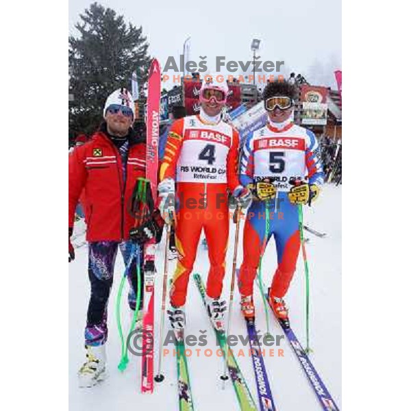 Duplicates of Hermann Maier, Pirmin Zurbriggen and Alberto Tomba at Retro Ski Fest - vintage skiing day at Krvavec Ski resort, Cerklje, Slovenia on March 2, 2013 