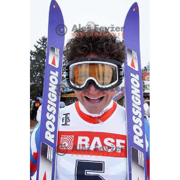 Duplicate of Alberto Tomba at Retro Ski Fest - vintage skiing day at Krvavec Ski resort, Cerklje, Slovenia on March 2, 2013 