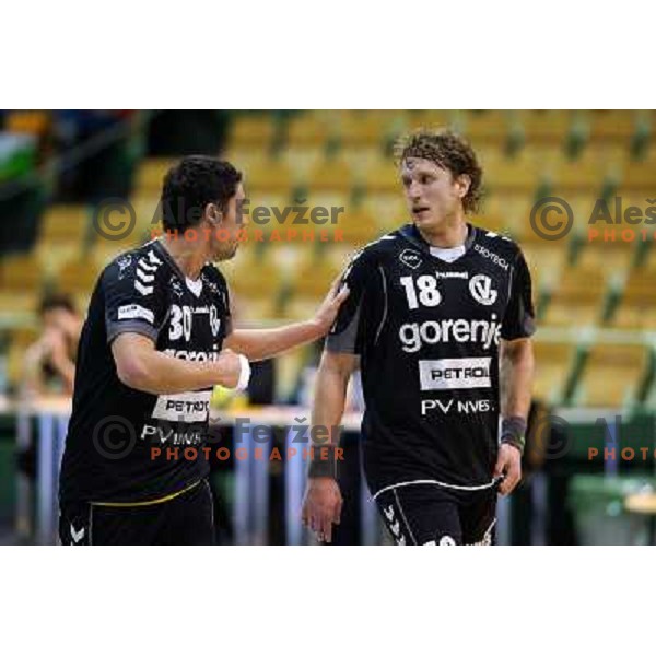 Luka Dobelsek and David Miklavcic of RK Gorenje Velenje in action during handball match RK SVIS Pekarna Grosuplje-RK Gorenje Velenje in semi-final of Slovenian Handball Cup played in Tri Lilije Hall, Lasko, Slovenia on March 2, 2013 