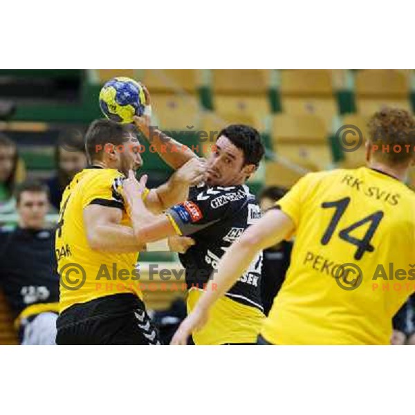 Luka Dobelsek of RK Gorenje Velenje in action during handball match RK SVIS Pekarna Grosuplje-RK Gorenje Velenje in semi-final of Slovenian Handball Cup played in Tri Lilije Hall, Lasko, Slovenia on March 2, 2013 