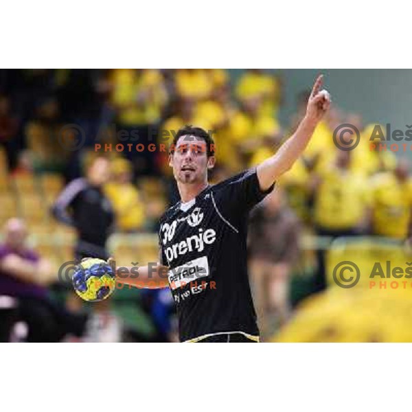 Luka Dobelsek of RK Gorenje Velenje in action during handball match RK SVIS Pekarna Grosuplje-RK Gorenje Velenje in semi-final of Slovenian Handball Cup played in Tri Lilije Hall, Lasko, Slovenia on March 2, 2013 