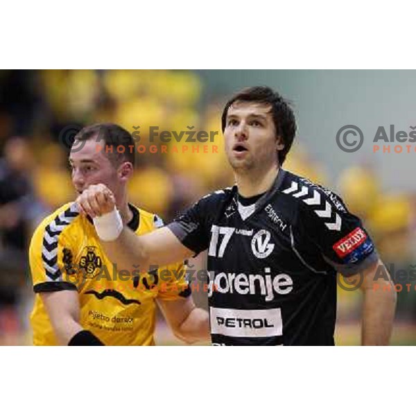 Klemen Cehte of RK Gorenje Velenje in action during handball match RK SVIS Pekarna Grosuplje-RK Gorenje Velenje in semi-final of Slovenian Handball Cup played in Tri Lilije Hall, Lasko, Slovenia on March 2, 2013 