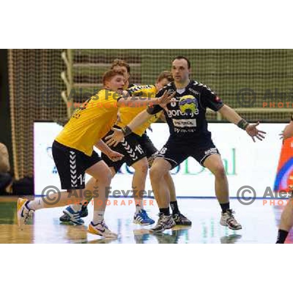Gregor Pekolj of RK SVIS and Peter Pucelj of Gorenje Velenje in action during handball match RK SVIS Pekarna Grosuplje-RK Gorenje Velenje in semi-final of Slovenian Handball Cup played in Tri Lilije Hall, Lasko, Slovenia on March 2, 2013 