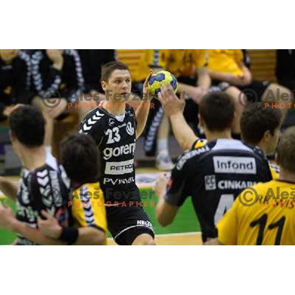 Rok Golcar of RK Gorenje Velenje in action during handball match RK SVIS Pekarna Grosuplje-RK Gorenje Velenje in semi-final of Slovenian Handball Cup played in Tri Lilije Hall, Lasko, Slovenia on March 2, 2013 