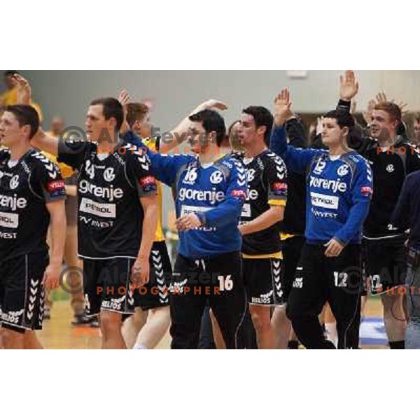 Emir Teletovic, Luka Dobelsek, Nejc Brglez of RK Gorenje Velenje in action during handball match RK SVIS Pekarna Grosuplje-RK Gorenje Velenje in semi-final of Slovenian Handball Cup played in Tri Lilije Hall, Lasko, Slovenia on March 2, 2013 