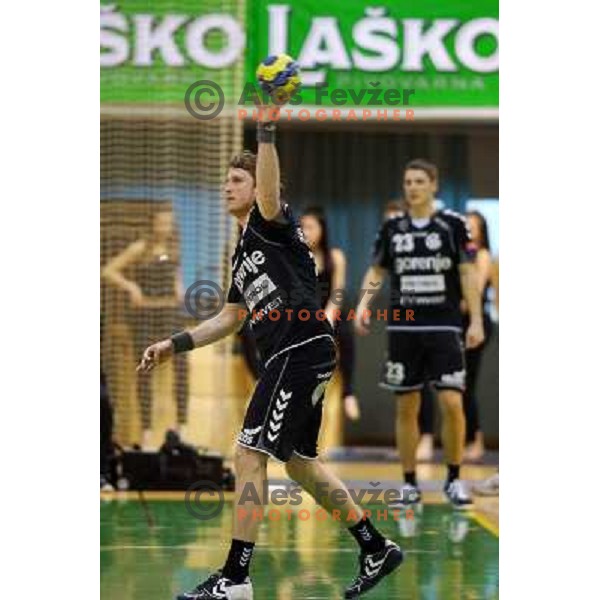 David Miklavcic of RK Gorenje Velenje in action during handball match RK SVIS Pekarna Grosuplje-RK Gorenje Velenje in semi-final of Slovenian Handball Cup played in Tri Lilije Hall, Lasko, Slovenia on March 2, 2013 