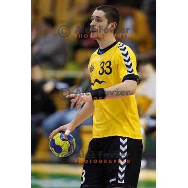 Blaz Sendelbah of RK SVIS in action during handball match RK SVIS Pekarna Grosuplje-RK Gorenje Velenje in semi-final of Slovenian Handball Cup played in Tri Lilije Hall, Lasko, Slovenia on March 2, 2013 