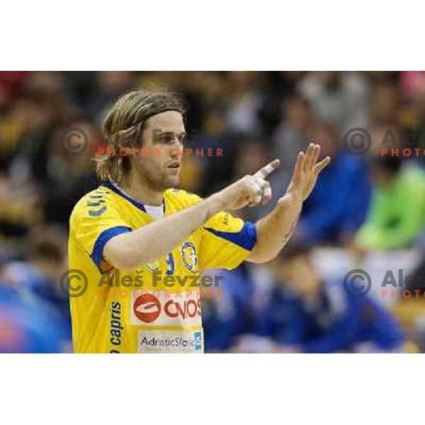 Dean Bombac of Cimos Koper in action during handball match Cimos Koper-Celje Pivovarna Lasko in semi-final of Slovenian Handball Cup played in Tri Lilije Hall, Lasko, Slovenia on March 2, 2013 
