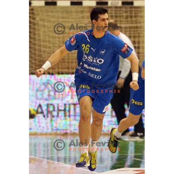 Igor Zabic of Celje Pivovarna Lasko in action during handball match Cimos Koper-Celje Pivovarna Lasko in semi-final of Slovenian Handball Cup played in Tri Lilije Hall, Lasko, Slovenia on March 2, 2013 
