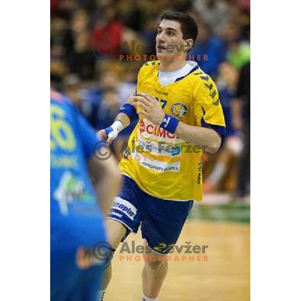 Filip Gavranovic of Cimos Koper in action during handball match Cimos Koper-Celje Pivovarna Lasko in semi-final of Slovenian Handball Cup played in Tri Lilije Hall, Lasko, Slovenia on March 2, 2013 
