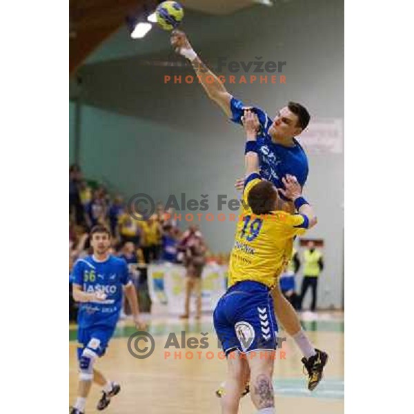 Borut Mackovsek of Celje Pivovarna Lasko in action during handball match Cimos Koper-Celje Pivovarna Lasko in semi-final of Slovenian Handball Cup played in Tri Lilije Hall, Lasko, Slovenia on March 2, 2013 