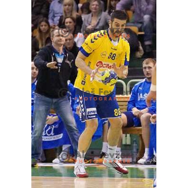 Vladimir Osmajic of Cimos Koper in action during handball match Cimos Koper-Celje Pivovarna Lasko in semi-final of Slovenian Handball Cup played in Tri Lilije Hall, Lasko, Slovenia on March 2, 2013 