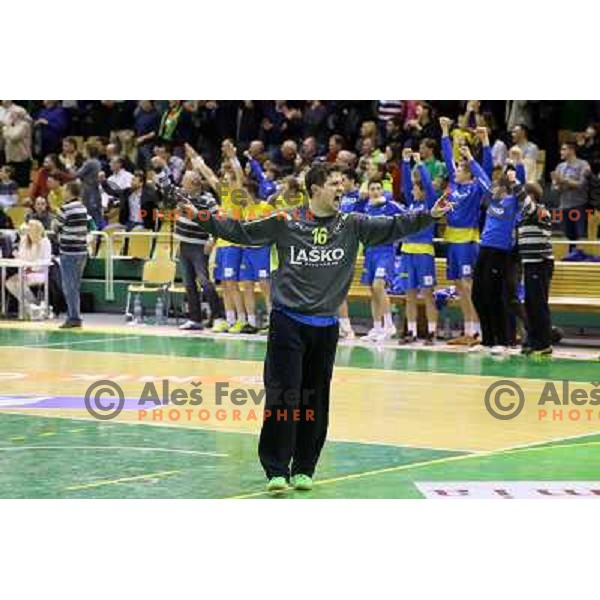 Matevz skok and players of Celje celebrate victory at handball match Gorenje Velenje-Celje Pivovarna Lasko in the Final of Slovenian Handball Cup played in Tri Lilije Hall, Lasko, Slovenia on March 3, 2013 