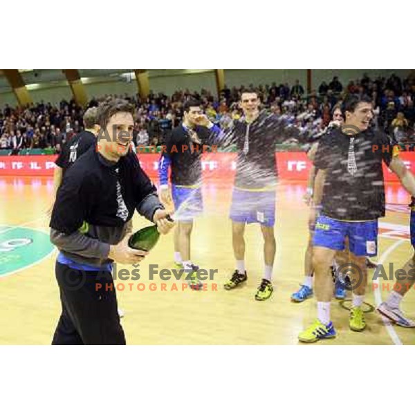 Matevz Skok and players of Celje celebrate victory at handball match Gorenje Velenje-Celje Pivovarna Lasko in the Final of Slovenian Handball Cup played in Tri Lilije Hall, Lasko, Slovenia on March 3, 2013 
