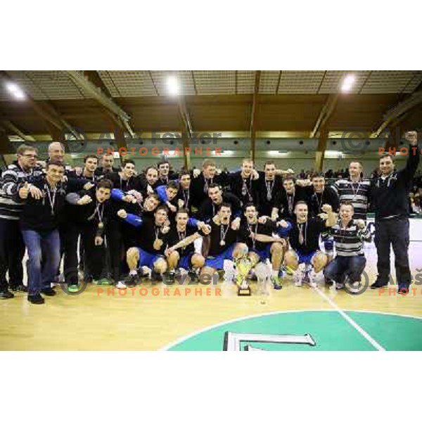 Luka Zvizej and players of Celje celebrate victory at handball match Gorenje Velenje-Celje Pivovarna Lasko in the Final of Slovenian Handball Cup played in Tri Lilije Hall, Lasko, Slovenia on March 3, 2013 