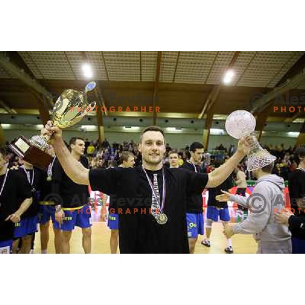 Luka Zvizej and players of Celje celebrate victory at handball match Gorenje Velenje-Celje Pivovarna Lasko in the Final of Slovenian Handball Cup played in Tri Lilije Hall, Lasko, Slovenia on March 3, 2013 