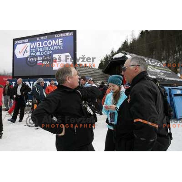 Hans Pieren (FIS) and Ales Vidic,race director of Vitranc World Cup races during final day of preparation of the course in Kranjska Gora, Slovenia on March 8 ,2013 