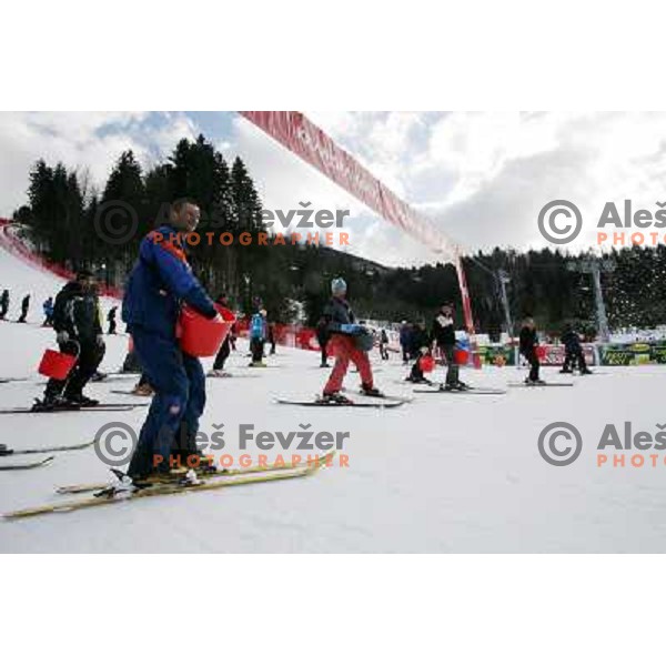 Volunteers of Vitranc World Cup races during final day of preparation of the slope in Kranjska Gora, Slovenia on March 8 ,2013 