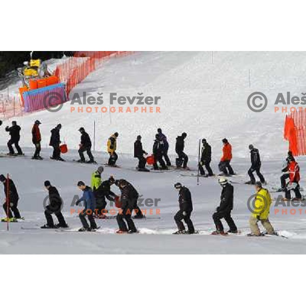 Volunteers of Vitranc World Cup races during final day of preparation of the slope in Kranjska Gora, Slovenia on March 8 ,2013 