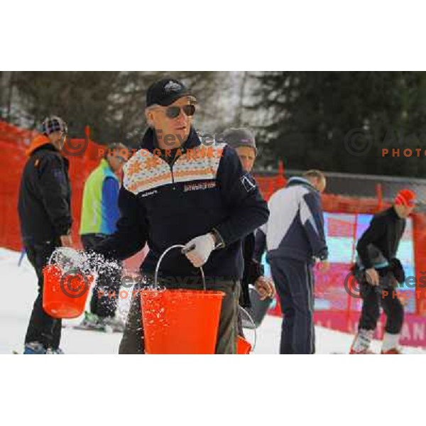 Janez Smitek and Volunteers of Vitranc World Cup races during final day of preparation of the slope in Kranjska Gora, Slovenia on March 8 ,2013 