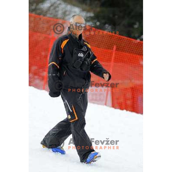 Ales Vidic,race director of Vitranc World Cup races walks the coruse during final day of preparation in Kranjska Gora, Slovenia on March 8 ,2013 