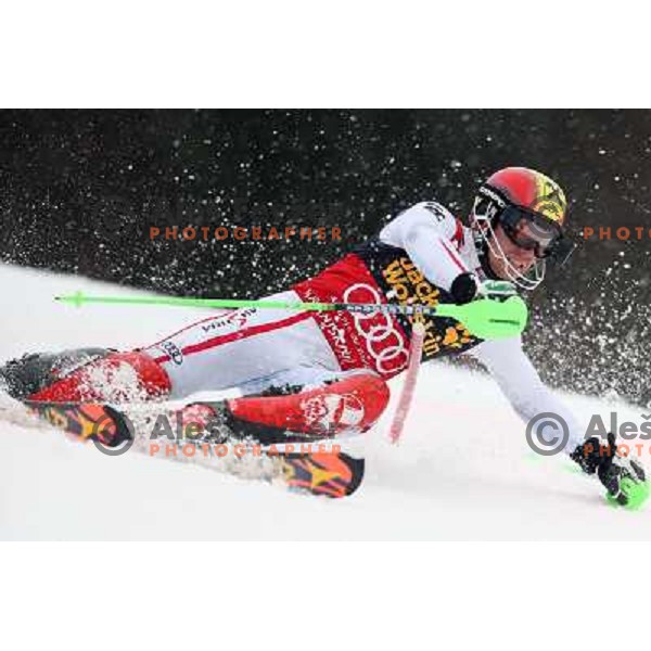 Marcel Hirscher (AUT) skiing in first run of AUDI FIS Ski World Cup Slalom for 52.Vitranc Cup in Kranjska gora, Slovenia on March 10, 2013 