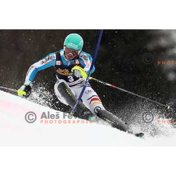 Felix Neureuther (GER) skiing in first run of AUDI FIS Ski World Cup Slalom for 52.Vitranc Cup in Kranjska gora, Slovenia on March 10, 2013 